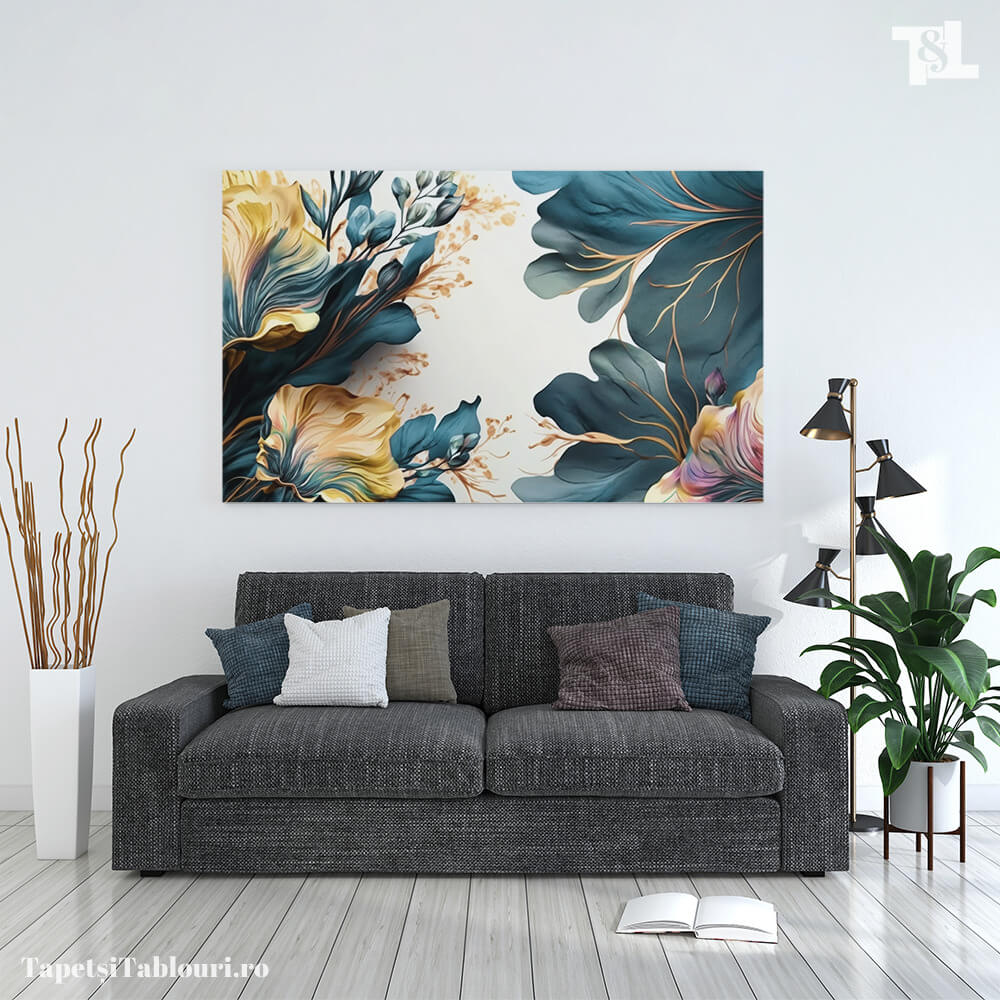 Tablou Canvas Dansul Floral în Tonuri de Aur și Azur