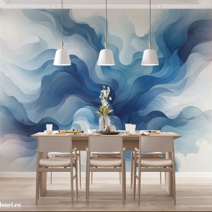 Tapet Dining Abstract cu Valuri în Nuanțe de Albastru