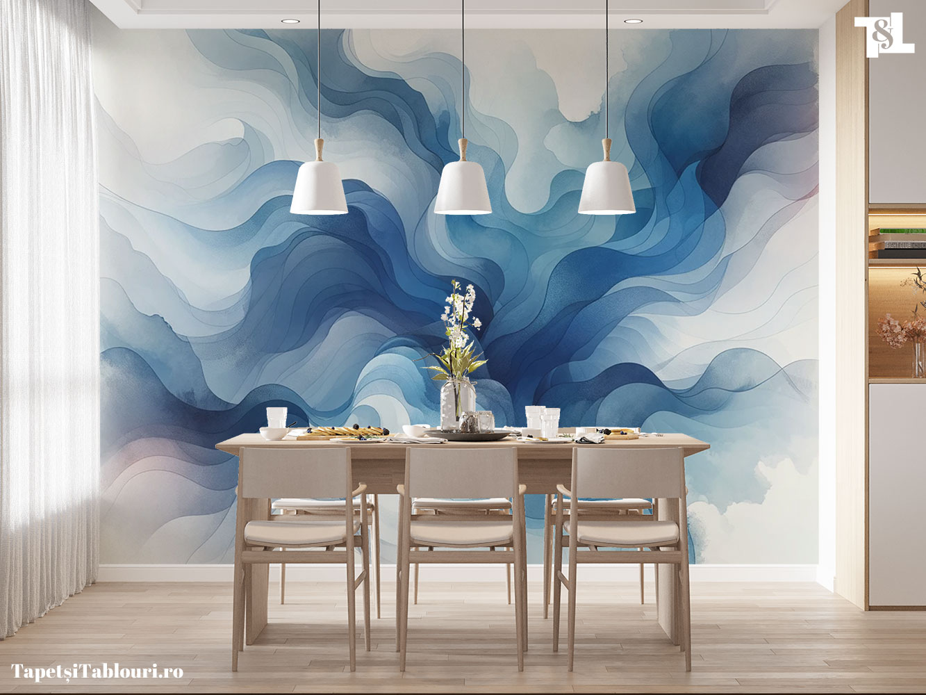Tapet Dining Abstract cu Valuri în Nuanțe de Albastru