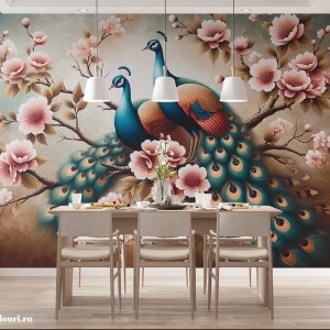 Tapet Dining Decorativ cu Păuni Verzi în Copac