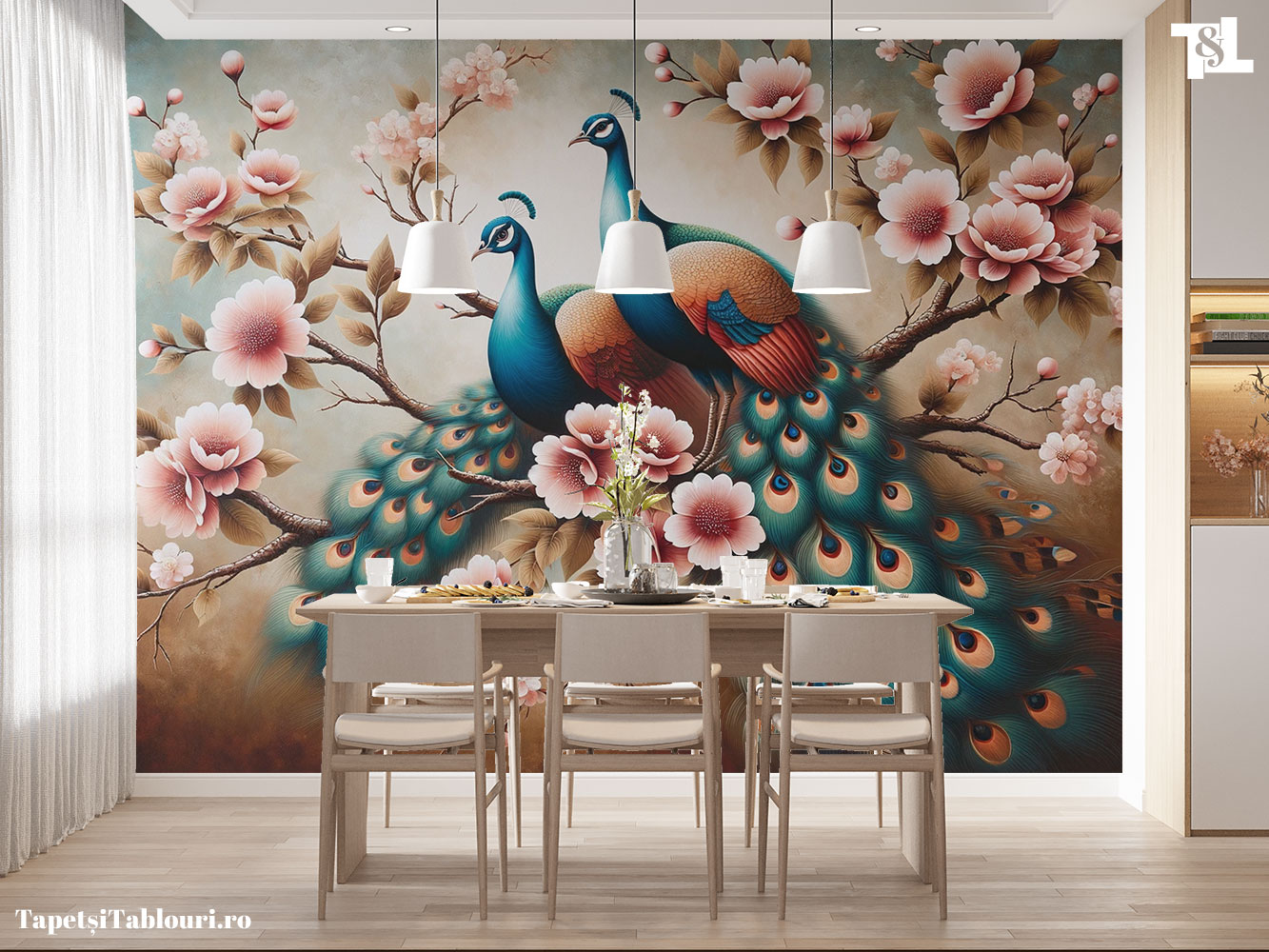 Tapet Dining Decorativ cu Păuni Verzi în Copac