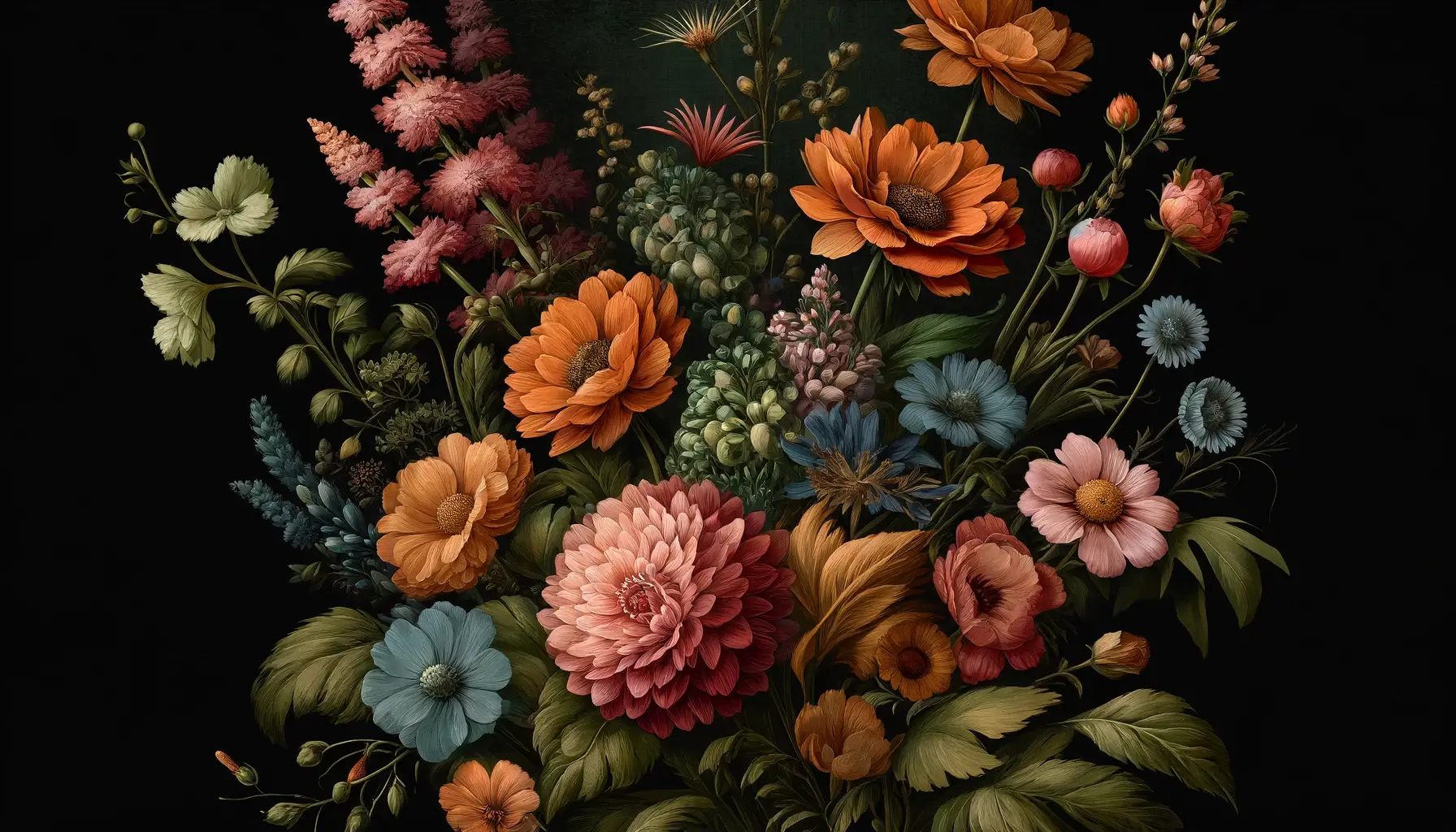 Tapet Dormitor Buchet Floral Baroc în Penumbră