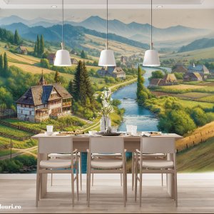 Tapet Pitoresc cu Sat, Râu și Munți