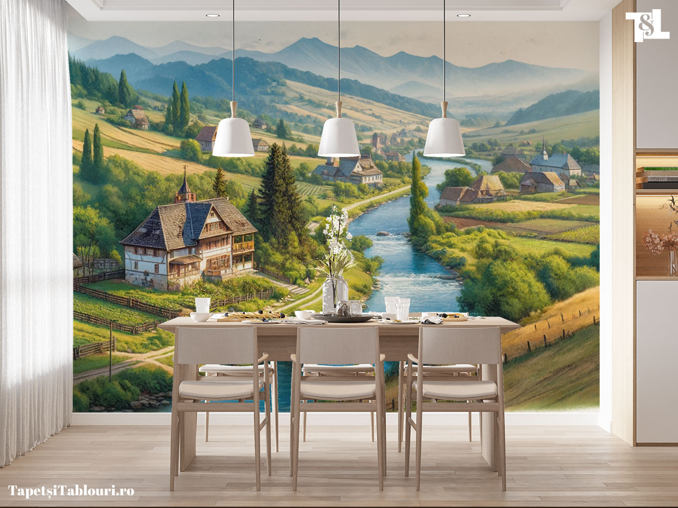 Tapet Pitoresc cu Sat, Râu și Munți